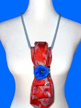 Statement Red Paisley Tie Necklace with Blue Rose Accent.stretchy pearls